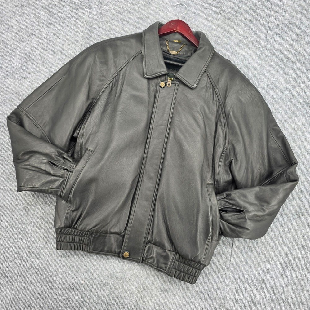 Euro Mond Black Leather Bomber Jacket Removable Faux Fur Lining Mens L XL